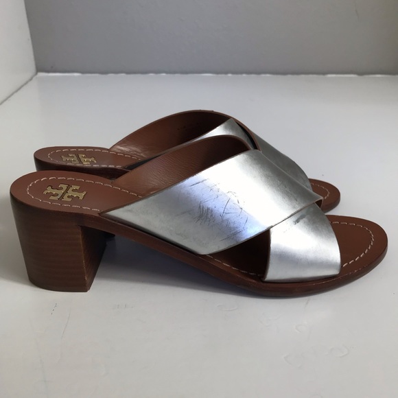 TORY BURCH Womens Mule Montrose Silver Metallic Cross Straps Sandals Size 9.5 M - Picture 5 of 8